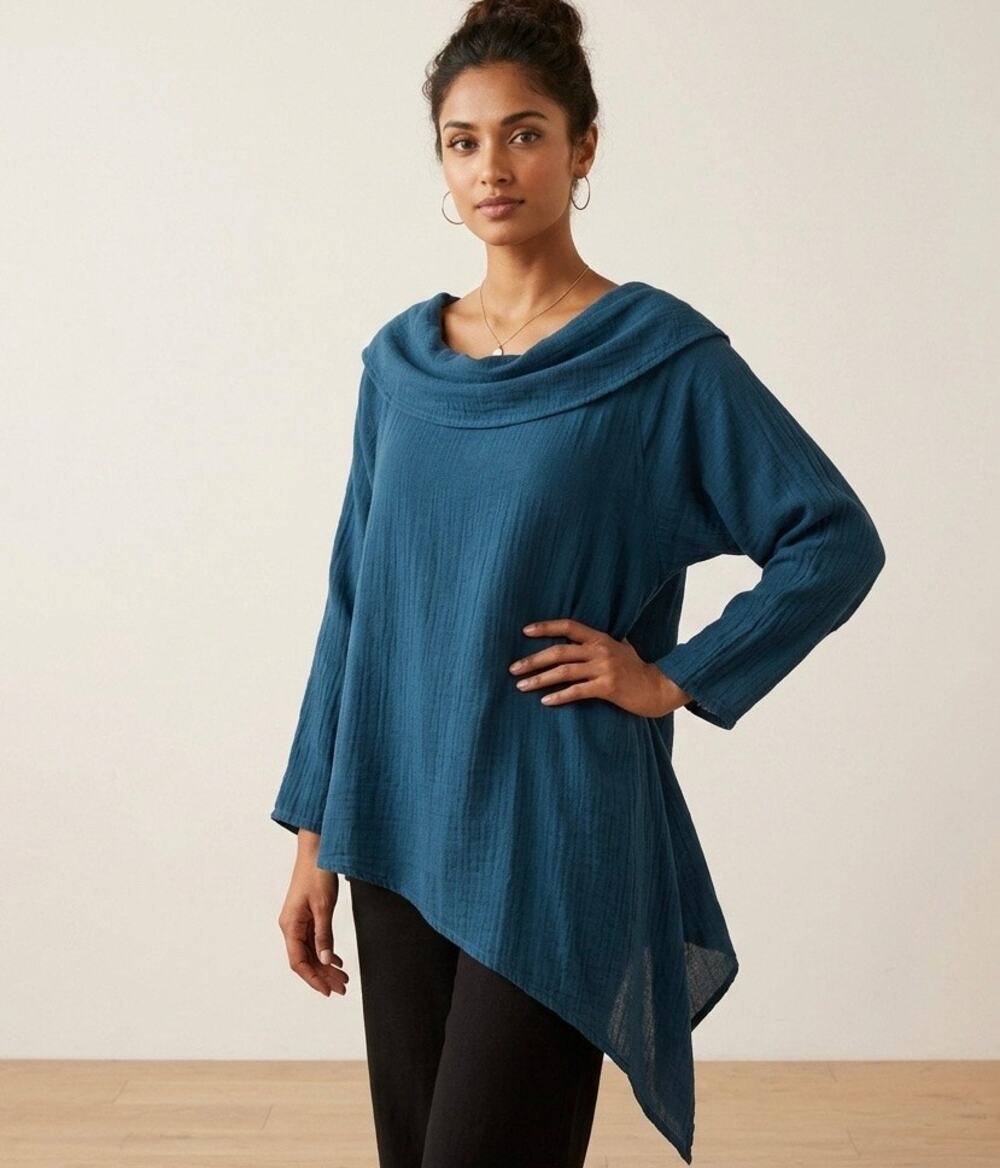 Oh My Gauze! Asymmetrical Hem Gauzy Tunic Blouse Top Beachy Coastal S/M